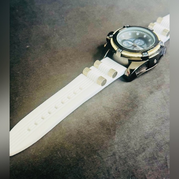 Other - White Strap Sport Watch with Black & Gold Case